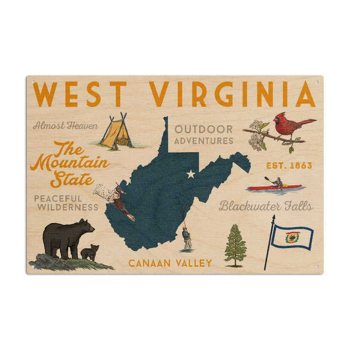 West Virginia, The Mountain State, Typography & Icons, Lantern Press Artwork, Wood Signs and Postcards Wood Lantern Press 10 x 15 Wood Sign 