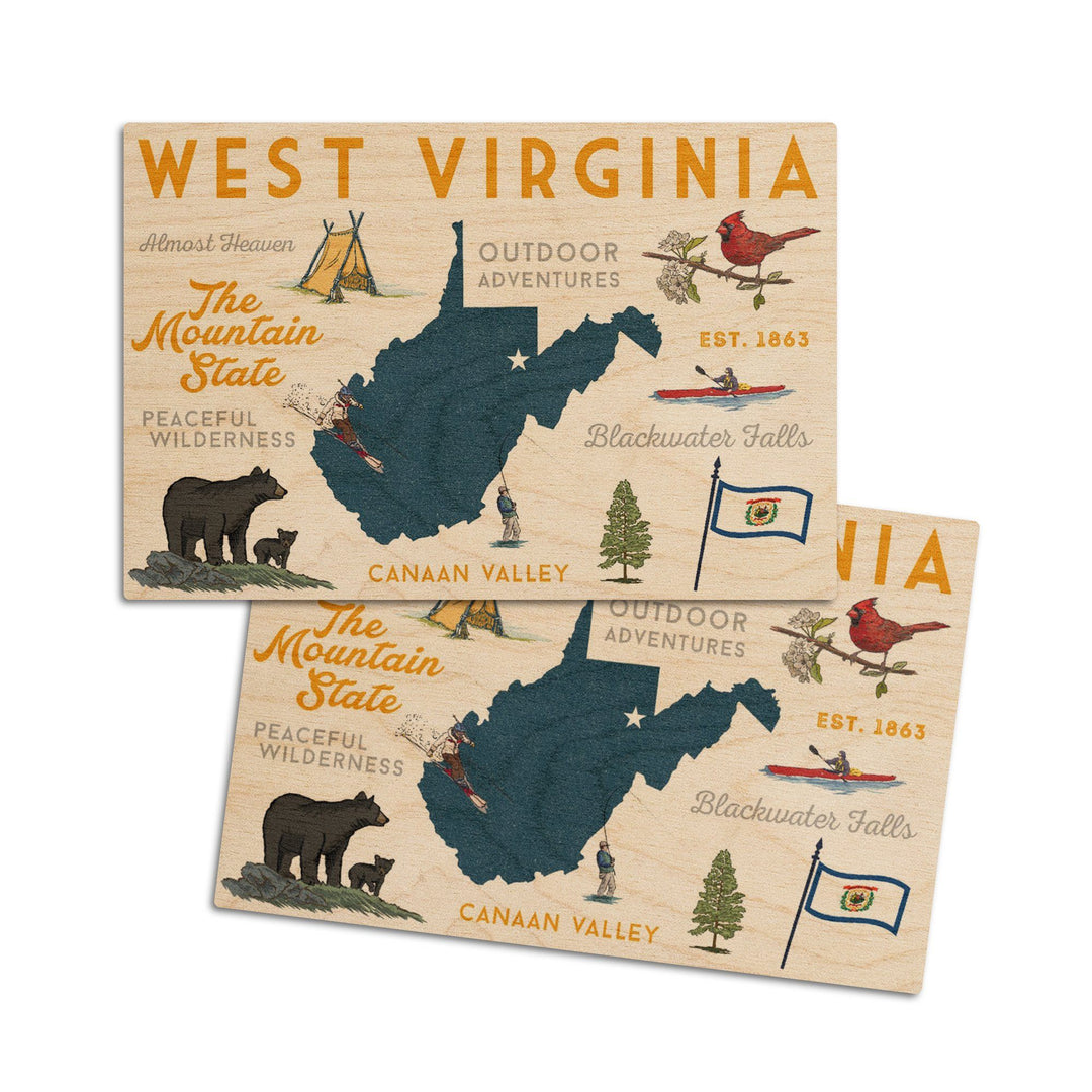 West Virginia, The Mountain State, Typography & Icons, Lantern Press Artwork, Wood Signs and Postcards Wood Lantern Press 4x6 Wood Postcard Set 