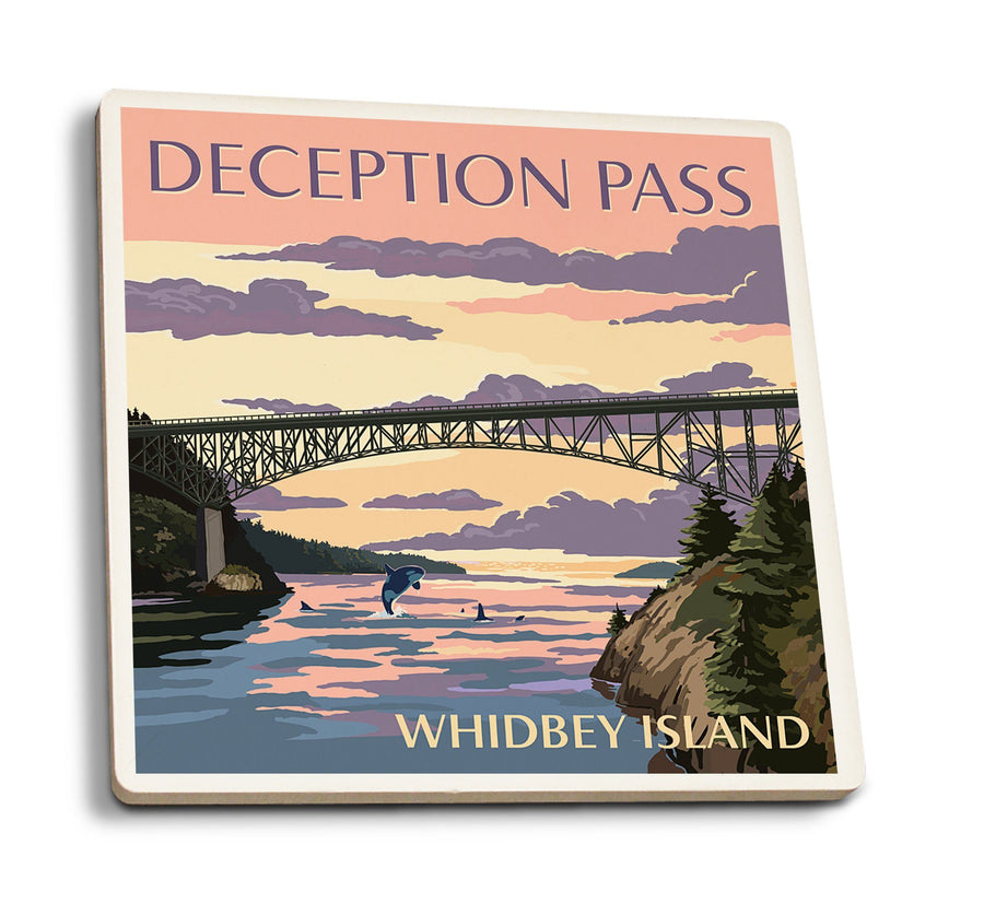 Whidbey Island, Washington, Deception Pass Bridge at Sunset, Lantern Press Artwork, Coaster Set Coasters Lantern Press 