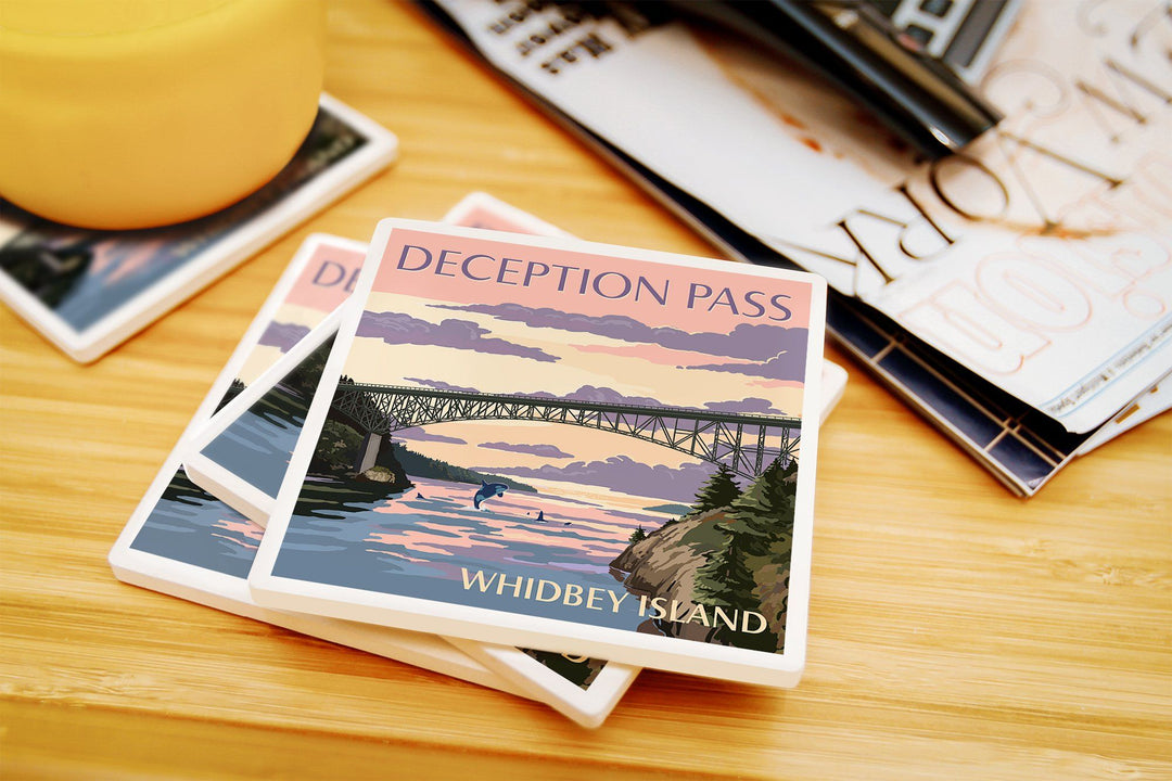 Whidbey Island, Washington, Deception Pass Bridge at Sunset, Lantern Press Artwork, Coaster Set Coasters Lantern Press 