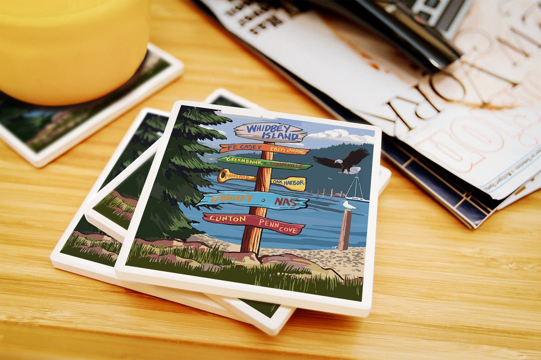 Whidbey Island, Washington, Destination Signpost, Lantern Press Artwork, Coaster Set Coasters Lantern Press 