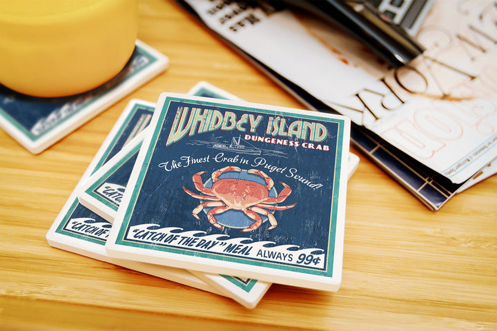 Whidbey Island, Washington, Dungeness Crab Vintage Sign, Lantern Press Artwork, Coaster Set Coasters Lantern Press 