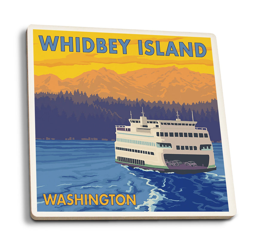 Whidbey Island, Washington, Ferry and Mountains, Lantern Press Artwork, Coaster Set Coasters Lantern Press 