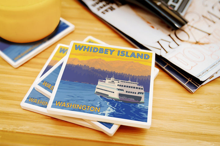 Whidbey Island, Washington, Ferry and Mountains, Lantern Press Artwork, Coaster Set Coasters Lantern Press 