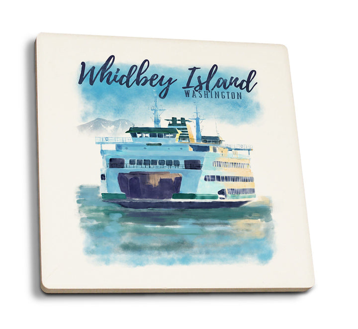Whidbey Island, Washington, Ferry, Watercolor, Lantern Press Artwork, Coaster Set Coasters Lantern Press 