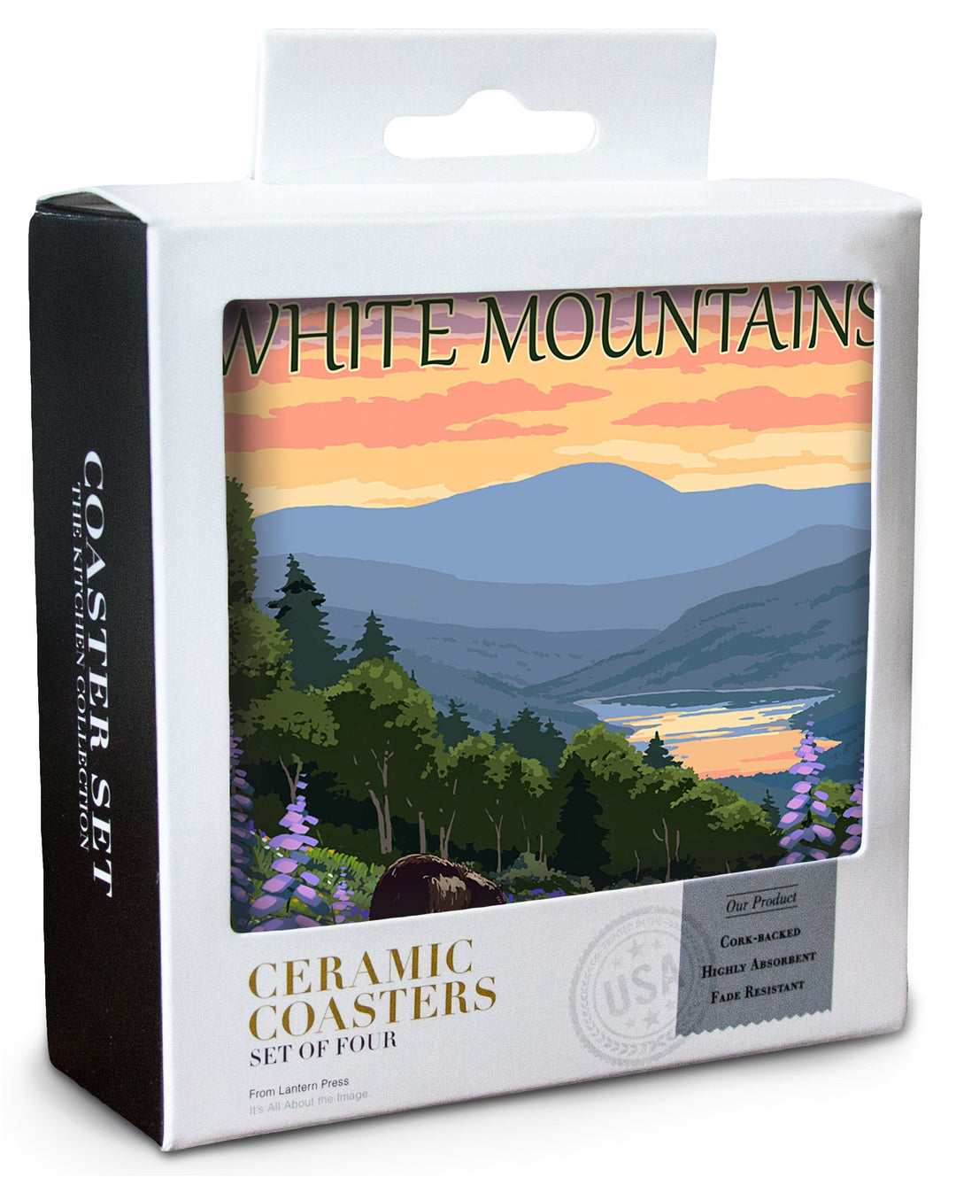 White Mountains, New Hampshire, Bear and Cubs with Flowers, Lantern Press Artwork, Coaster Set Coasters Lantern Press 