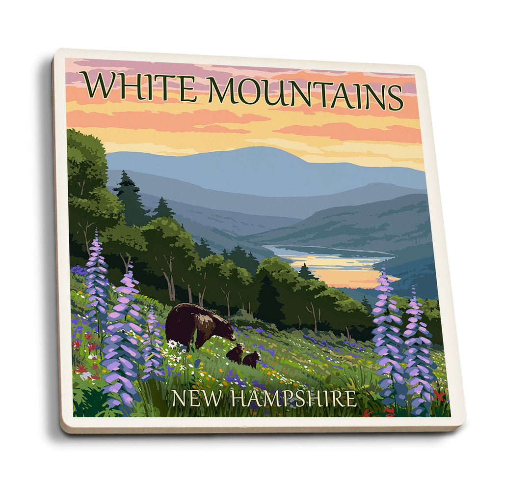 White Mountains, New Hampshire, Bear and Cubs with Flowers, Lantern Press Artwork, Coaster Set Coasters Lantern Press 