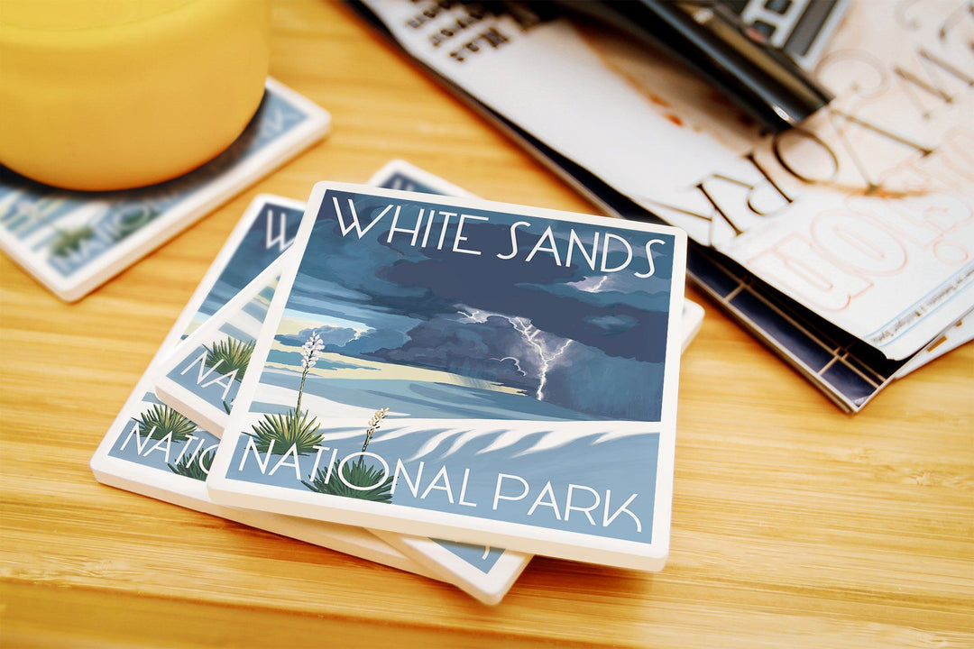 White Sands National Park, New Mexico, Lightning Storm, Lantern Press Artwork, Coaster Set Coasters Lantern Press 