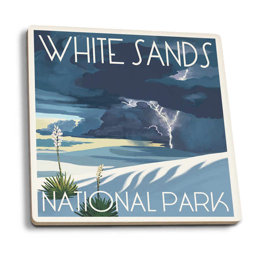 White Sands National Park, New Mexico, Lightning Storm, Lantern Press Artwork, Coaster Set Coasters Lantern Press 