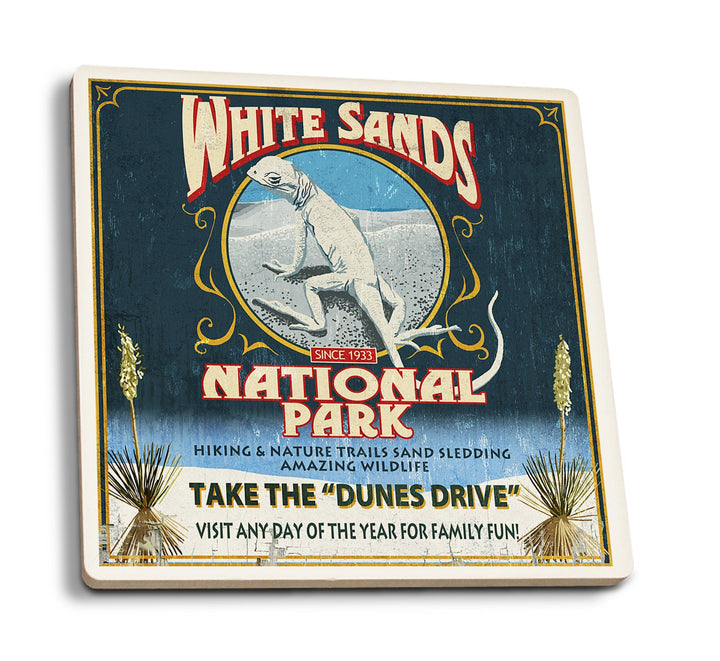 White Sands National Park, New Mexico, Lizard Vintage Sign, Lantern Press Artwork, Coaster Set Coasters Lantern Press 