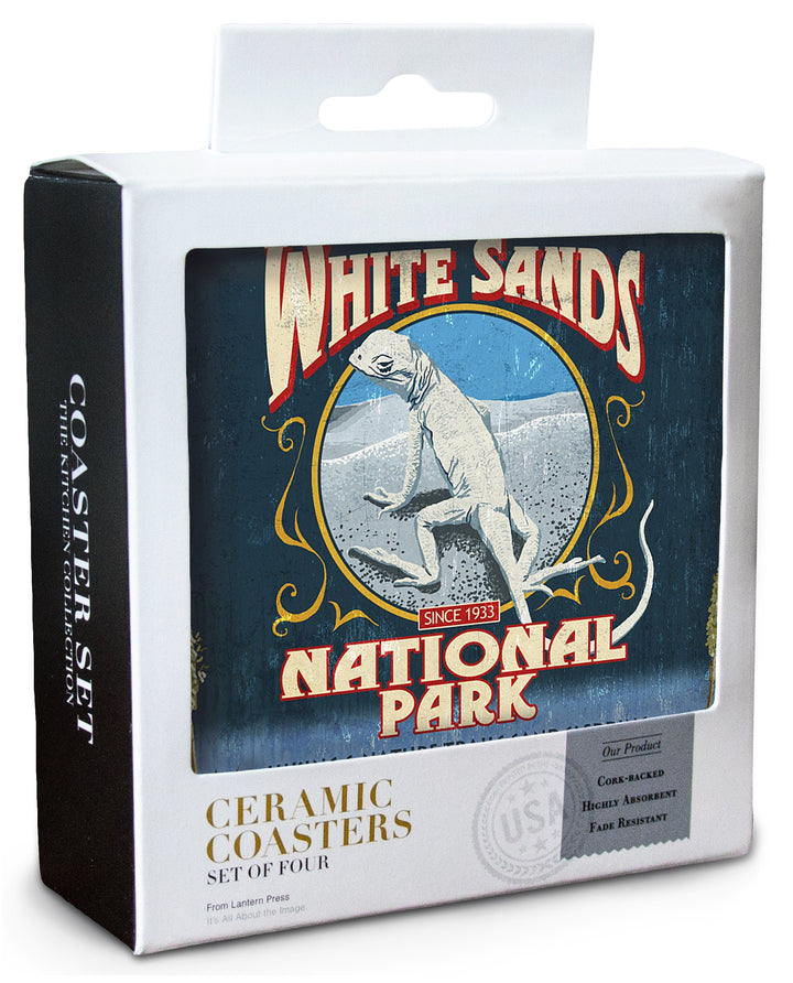 White Sands National Park, New Mexico, Lizard Vintage Sign, Lantern Press Artwork, Coaster Set Coasters Lantern Press 