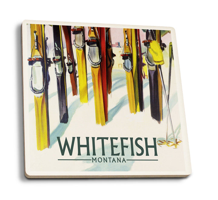 Whitefish, Montana, Colorful Skis, Lantern Press Artwork, Coaster Set Coasters Lantern Press 