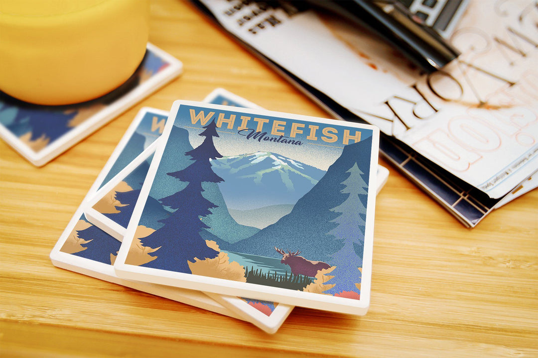 Whitefish, Montana, Moose & Mountain, Litho, Lantern Press Artwork, Coaster Set Coasters Lantern Press 