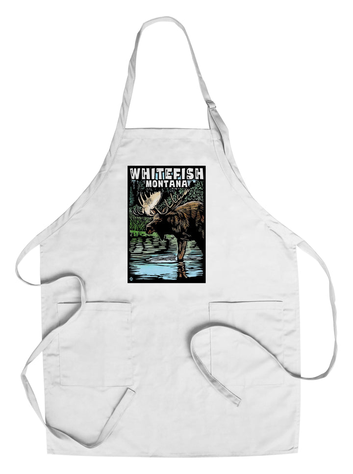 Whitefish, Montana, Moose, Scratchboard, Lantern Press Artwork, Towels and Aprons Kitchen Lantern Press Chef's Apron 