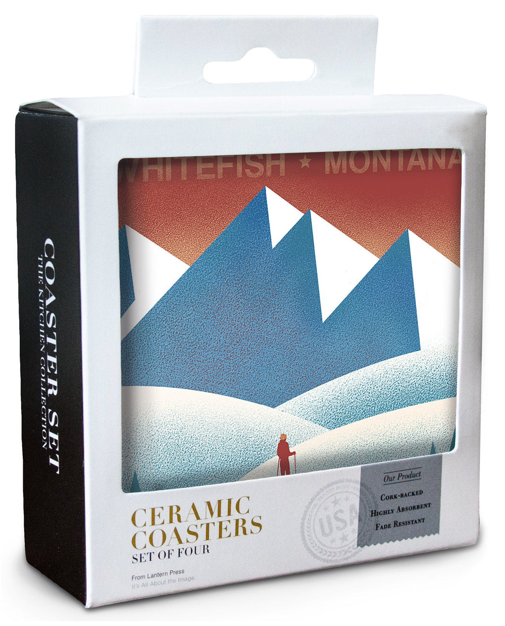 Whitefish, Montana, Skier In the Mountains, Litho, Lantern Press Artwork, Coaster Set Coasters Lantern Press 