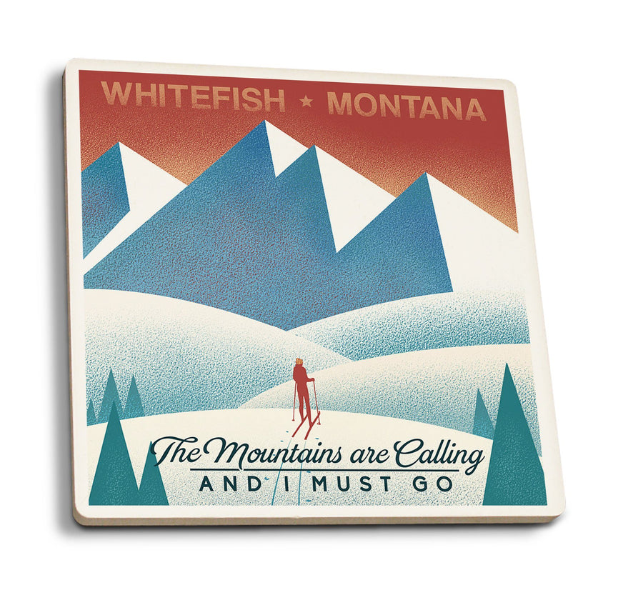 Whitefish, Montana, Skier In the Mountains, Litho, Lantern Press Artwork, Coaster Set Coasters Lantern Press 