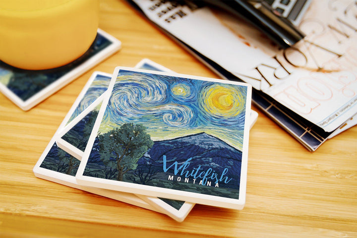 Whitefish, Montana, Starry Night, Lantern Press Artwork, Coaster Set Coasters Lantern Press 
