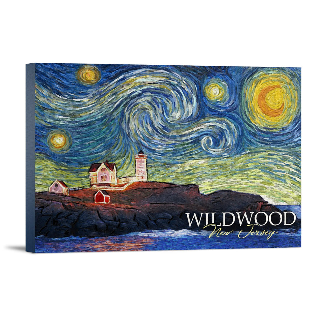Wildwood, New Jersey, East Coast Lighthouse, Starry Night, Lantern Press Artwork, Stretched Canvas Canvas Lantern Press 12x18 Stretched Canvas 