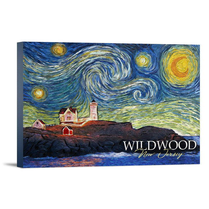 Wildwood, New Jersey, East Coast Lighthouse, Starry Night, Lantern Press Artwork, Stretched Canvas Canvas Lantern Press 16x24 Stretched Canvas 