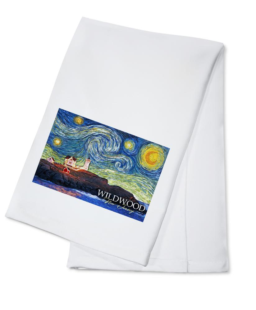 Wildwood, New Jersey, East Coast Lighthouse, Starry Night, Lantern Press Artwork, Towels and Aprons Kitchen Lantern Press Cotton Towel 
