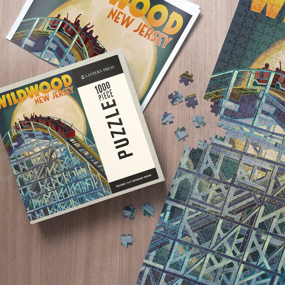 Wildwood, New Jersey, Roller Coaster and Moon, Jigsaw Puzzle Puzzle Lantern Press 