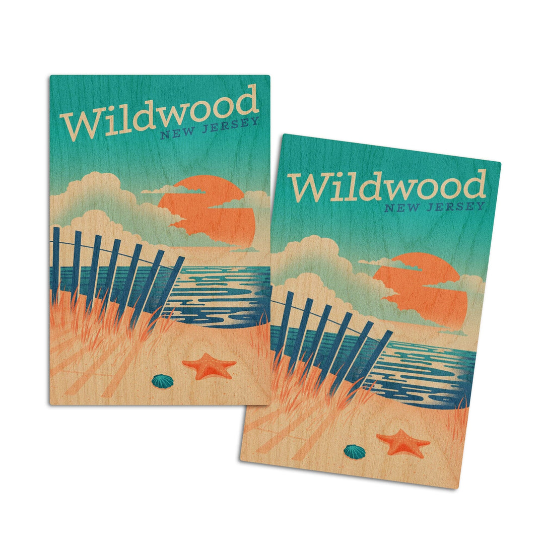 Wildwood, New Jersey, Sun-faded Shoreline Collection, Glowing Shore, Beach Scene, Wood Signs and Postcards Wood Lantern Press 4x6 Wood Postcard Set 
