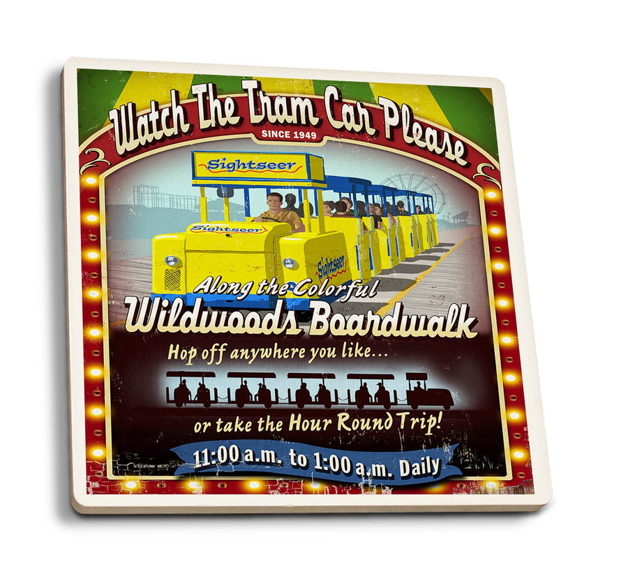 Wildwood, New Jersey, Tram Car Vintage Sign, Lantern Press Artwork, Coaster Set Coasters Lantern Press 