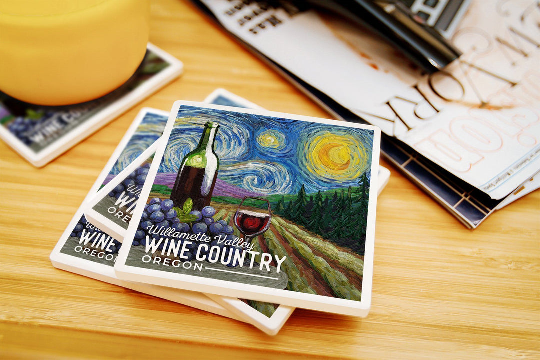 Willamette Valley, Oregon, Wine Country, Starry Night, Lantern Press Artwork, Coaster Set Coasters Lantern Press 