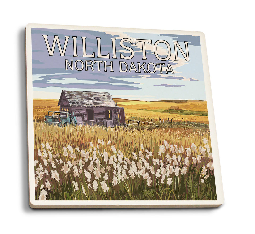 Williston, North Dakota, Wheat Field & Shack, Lantern Press Artwork, Coaster Set Coasters Lantern Press 