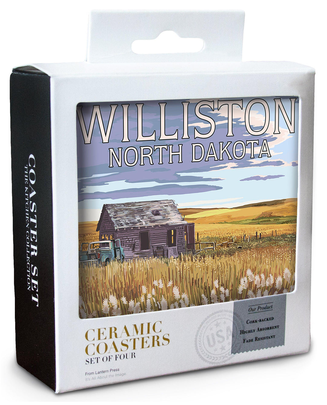 Williston, North Dakota, Wheat Field & Shack, Lantern Press Artwork, Coaster Set Coasters Lantern Press 