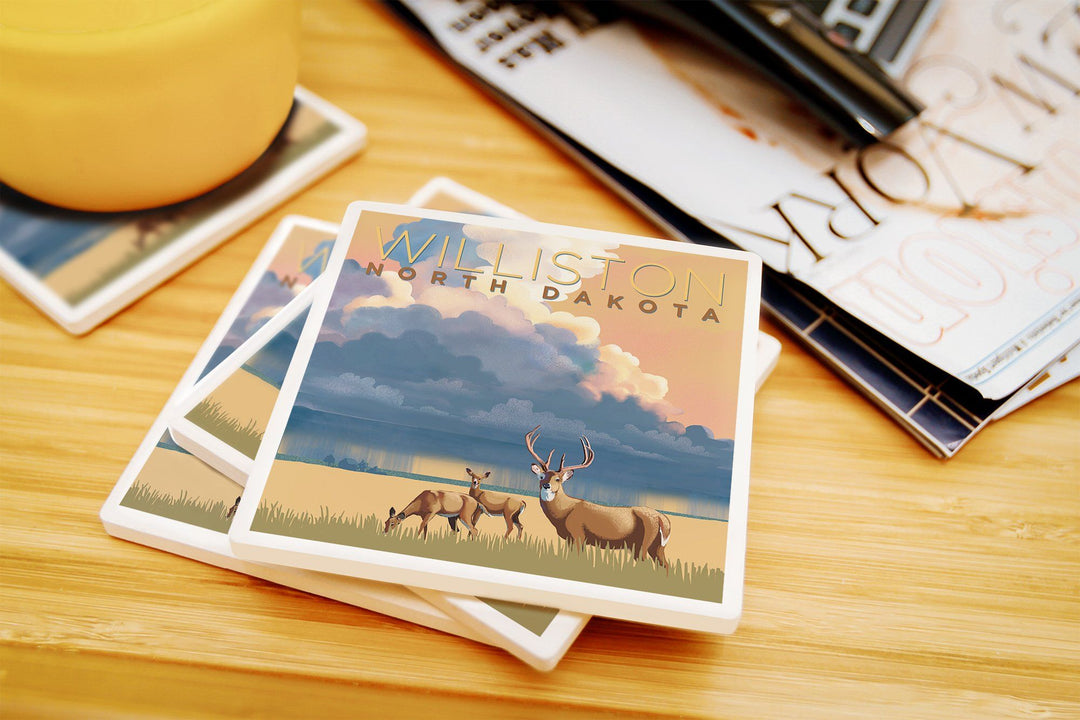 Williston, North Dakota, White-tailed Deer & Rain Cloud, Lithograph, Lantern Press Artwork, Coaster Set Coasters Lantern Press 