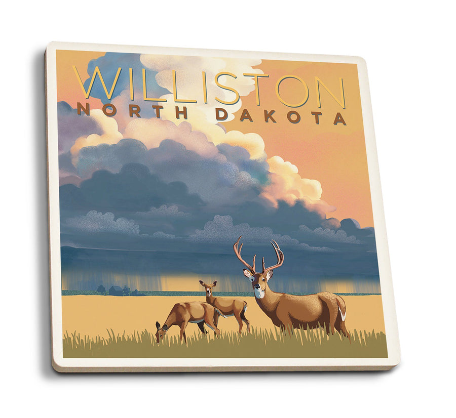 Williston, North Dakota, White-tailed Deer & Rain Cloud, Lithograph, Lantern Press Artwork, Coaster Set Coasters Lantern Press 