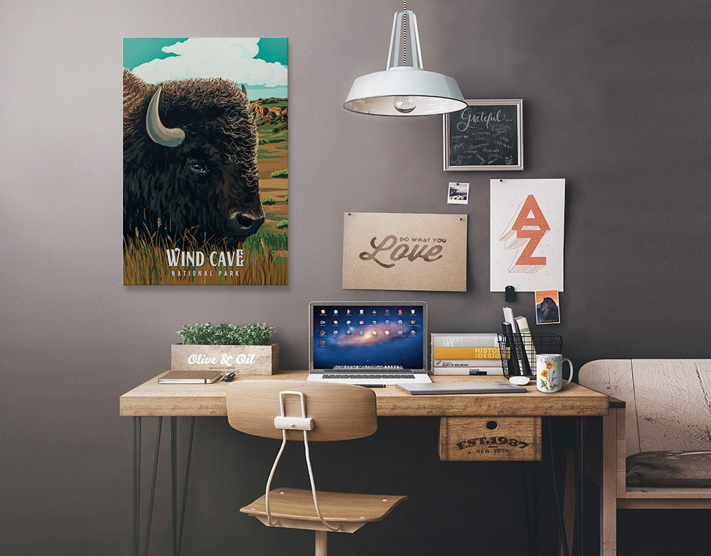 Wind Cave National Park, South Dakota, Bison, Painterly National Park Series, Stretched Canvas Canvas Lantern Press 