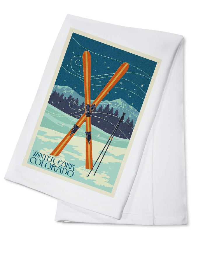 Winter Park, Colorado, Crossed Skis, Letterpress, Lantern Press Artwork, Towels and Aprons Kitchen Lantern Press Cotton Towel 