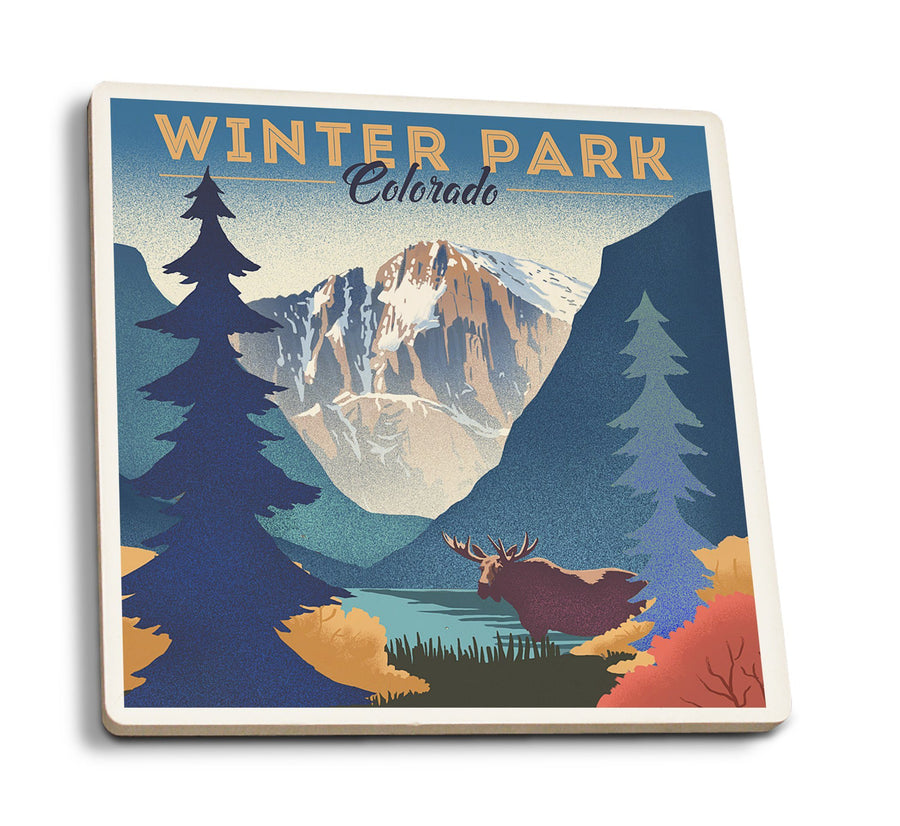 Winter Park, Colorado, Lithograph, Lantern Press Artwork, Coaster Set Coasters Lantern Press 