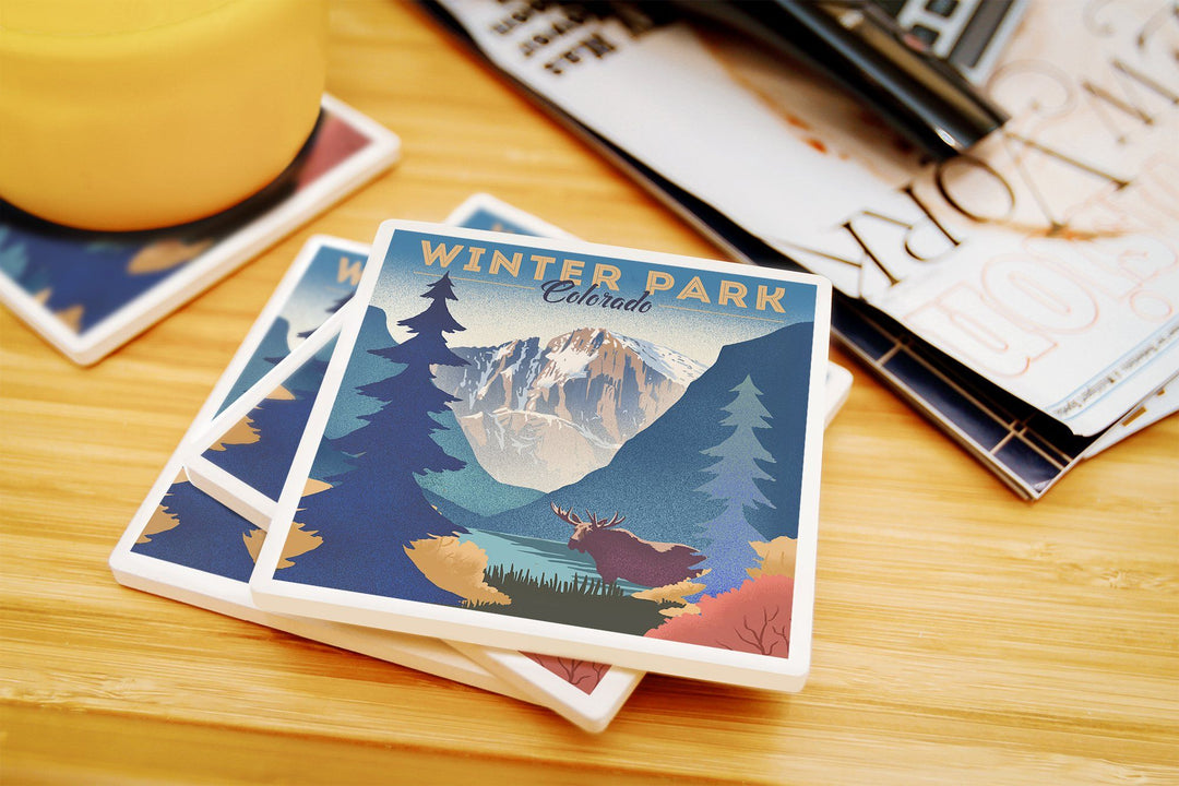Winter Park, Colorado, Lithograph, Lantern Press Artwork, Coaster Set Coasters Lantern Press 