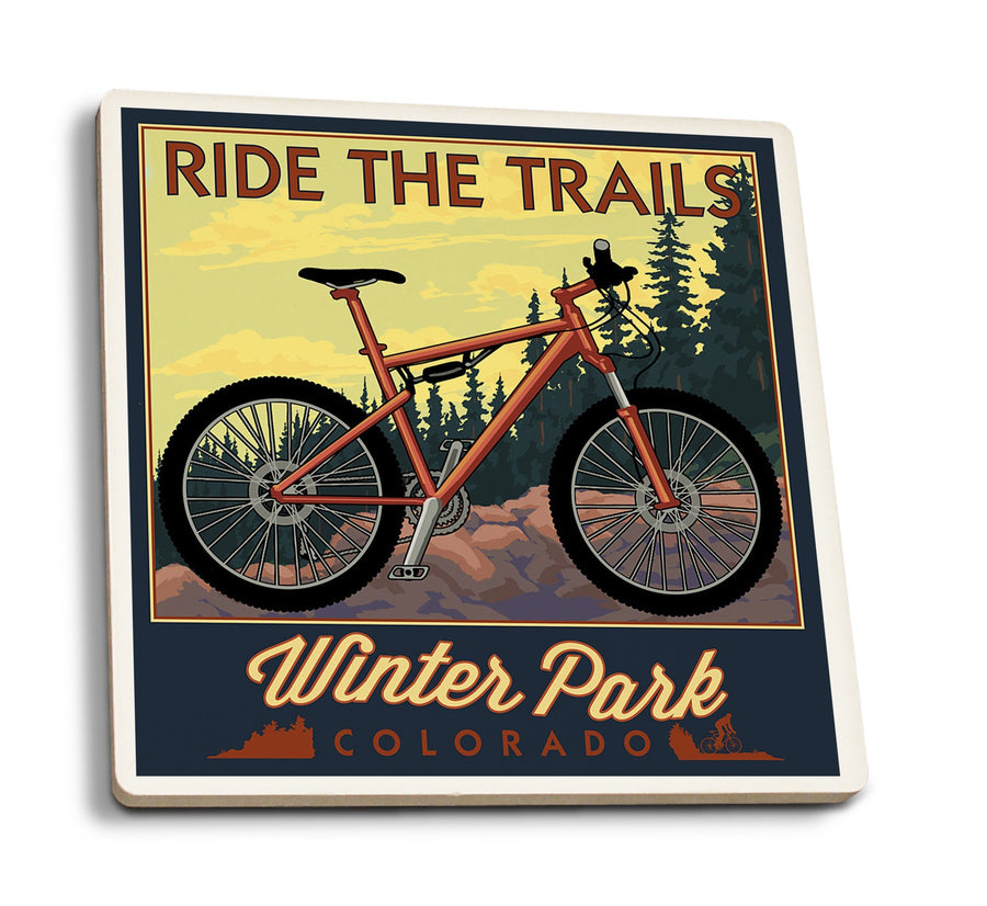 Winter Park, Colorado, Mountain Bike Scene, Lantern Press Artwork, Coaster Set Coasters Lantern Press 