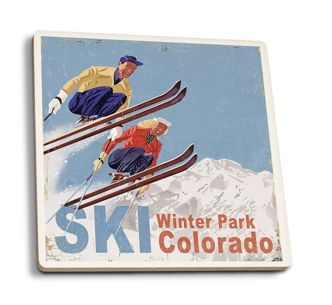 Winter Park, Colorado, Vintage Skiers, Lantern Press Artwork, Coaster Set Coasters Lantern Press 