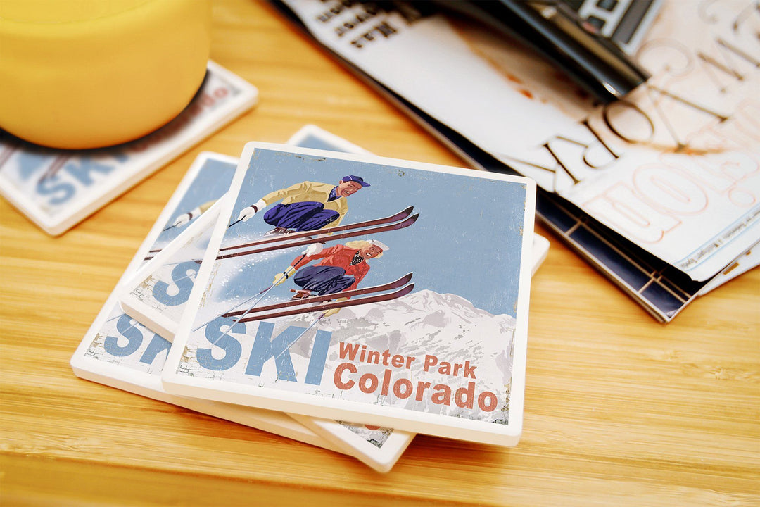Winter Park, Colorado, Vintage Skiers, Lantern Press Artwork, Coaster Set Coasters Lantern Press 
