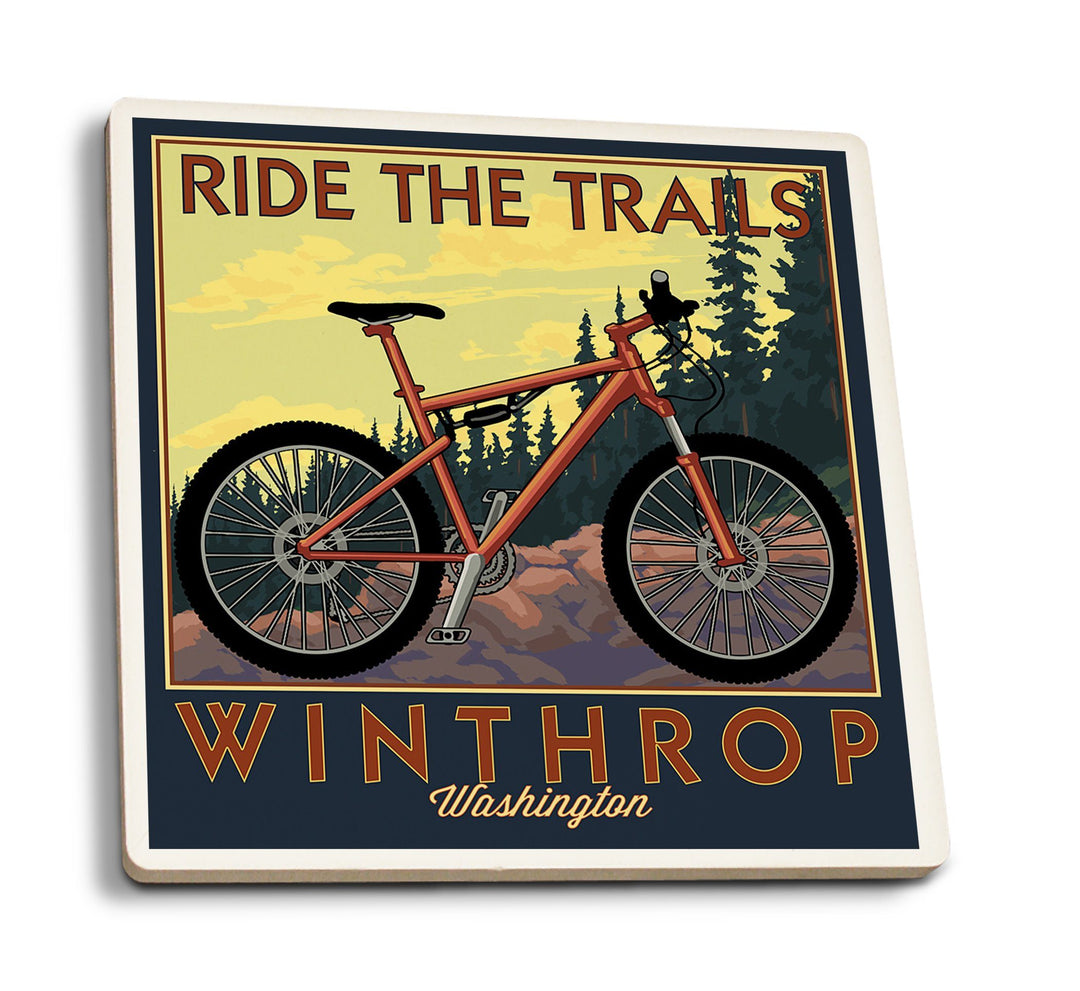 Winthrop, Washington, Ride the Trails, Mountain Bike Scene, Lantern Press Artwork, Coaster Set Coasters Lantern Press 