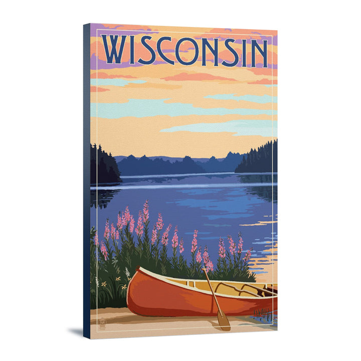 Wisconsin, Canoe & Lake, Lantern Press Artwork, Stretched Canvas Canvas Lantern Press 12x18 Stretched Canvas 