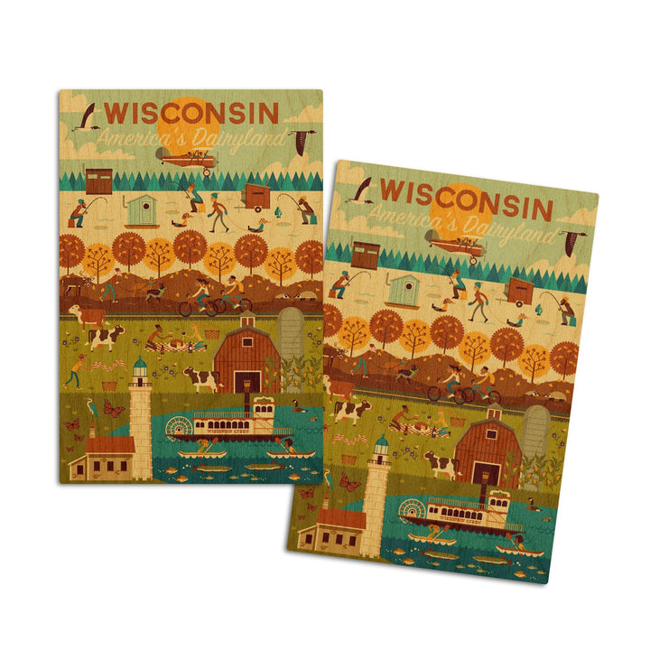Wisconsin, Geometric, Lantern Press Artwork, Wood Signs and Postcards Wood Lantern Press 4x6 Wood Postcard Set 