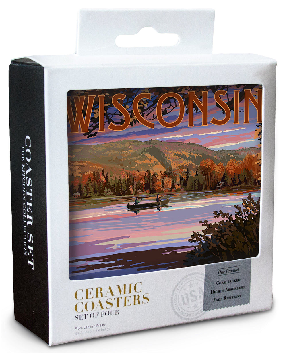 Wisconsin, Lake Sunset Scene, Lantern Press Artwork, Coaster Set Coasters Lantern Press 