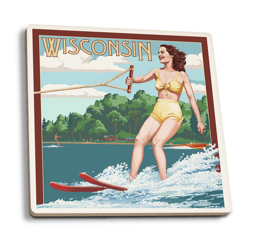 Wisconsin, Water Skier & Lake, Lantern Press Artwork, Coaster Set Coasters Lantern Press 