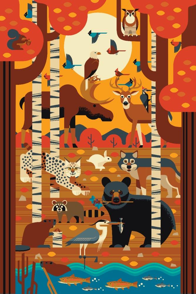 Woodland Forest Animals, Geometric, Lantern Press Artwork, Art Prints and Metal Signs Art Lantern Press 12 x 18 Art Print 