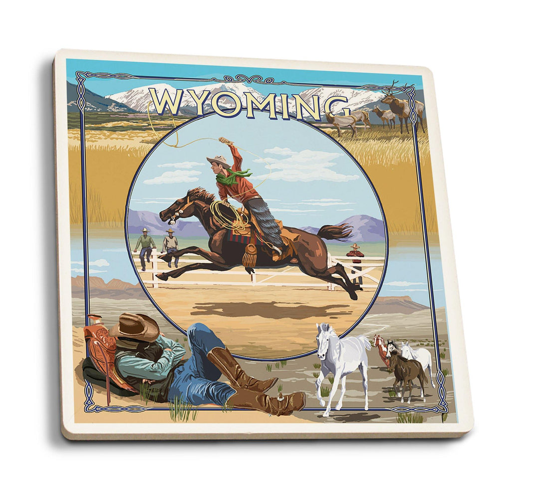 Wyoming, Rodeo Cowboy Montage, Lantern Press Artwork, Coaster Set Coasters Lantern Press 