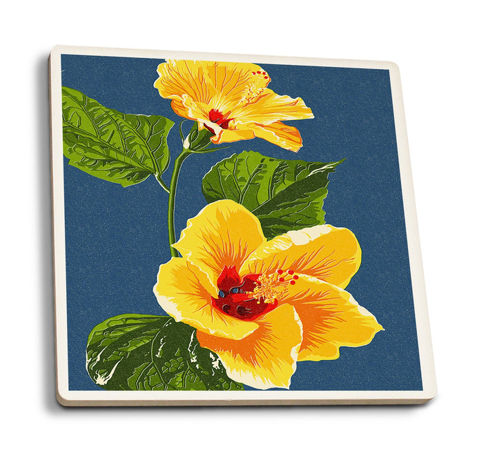 Yellow Hibiscus, Letterpress, Lantern Press Artwork, Coaster Set Coasters Lantern Press 