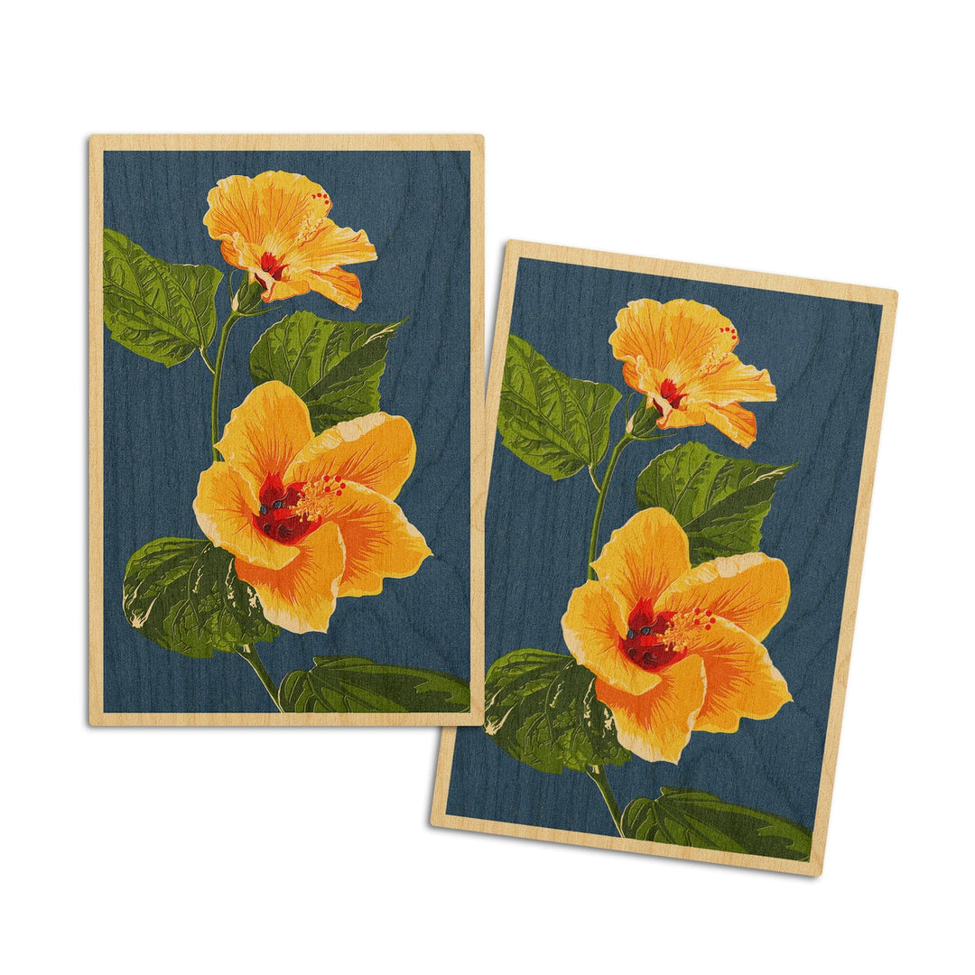 Yellow Hibiscus, Letterpress, Lantern Press Artwork, Wood Signs and Postcards Wood Lantern Press 4x6 Wood Postcard Set 