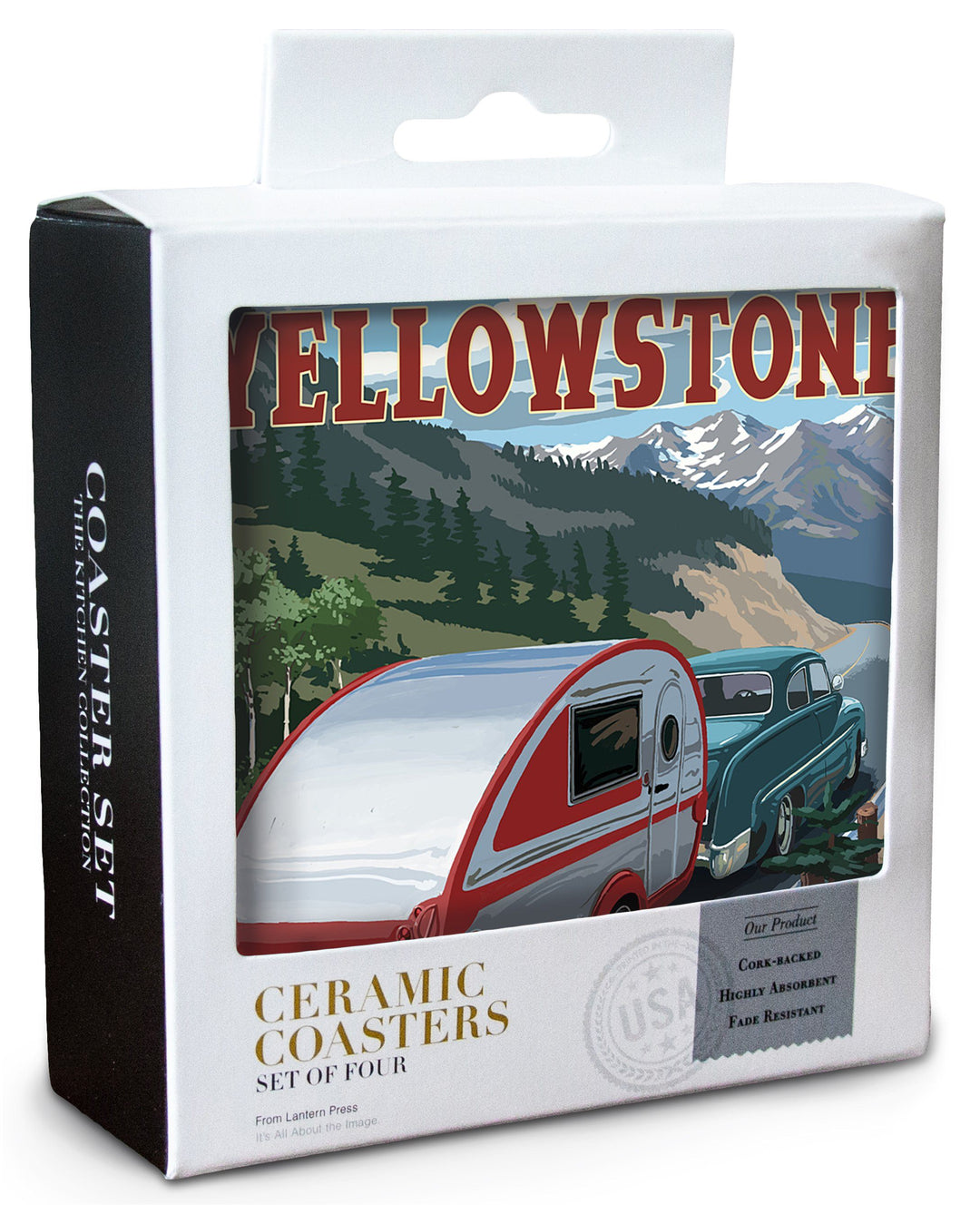 Yellowstone, Montana, Retro Camper, Lantern Press Artwork, Coaster Set Coasters Lantern Press 