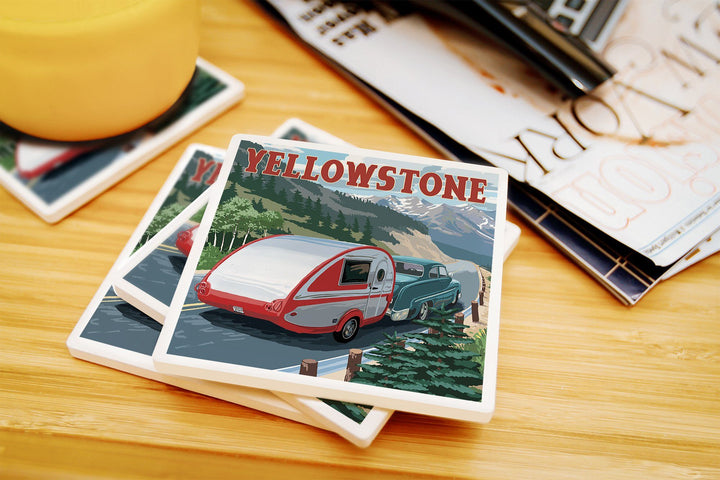 Yellowstone, Montana, Retro Camper, Lantern Press Artwork, Coaster Set Coasters Lantern Press 